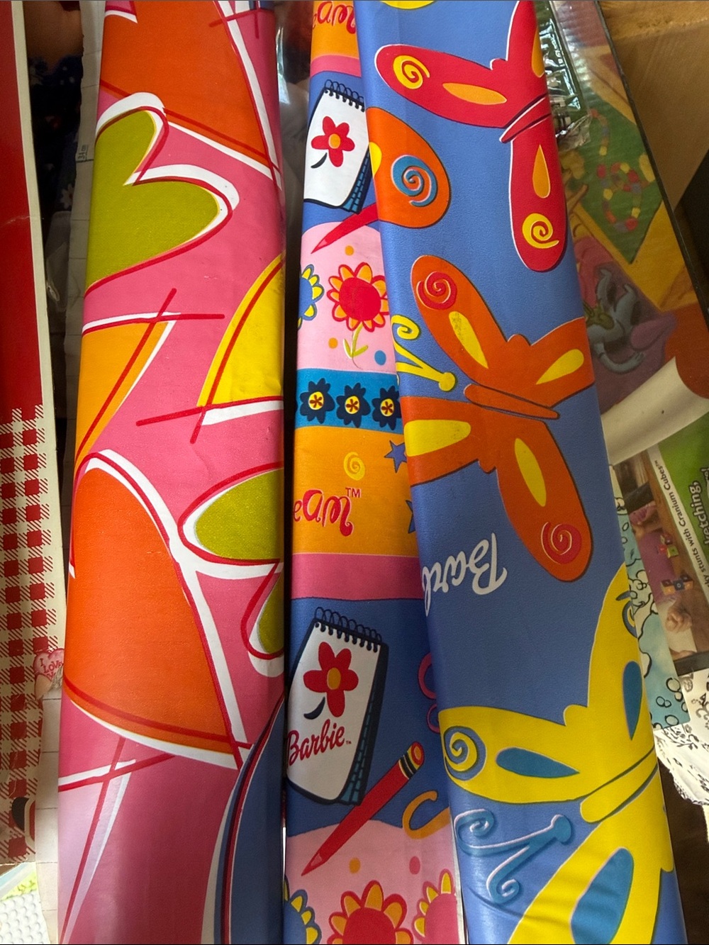 3 Vintage Barbie Peel and Stick Vinyl Book Covers- Pink, Blue, Orange, Yellow